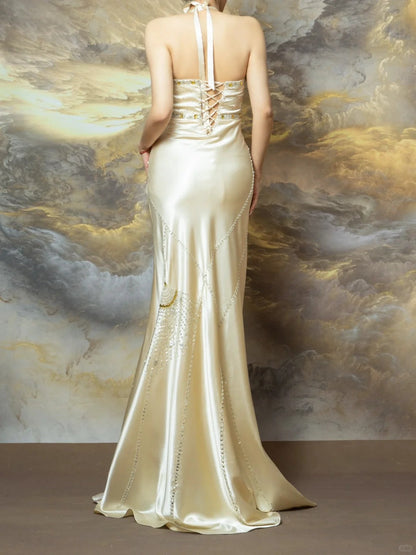 Elegant Light Champagne Sheath Halter Beaded Satin Long Prom Dresses, Vintage Formal Evening Gowns ED03380