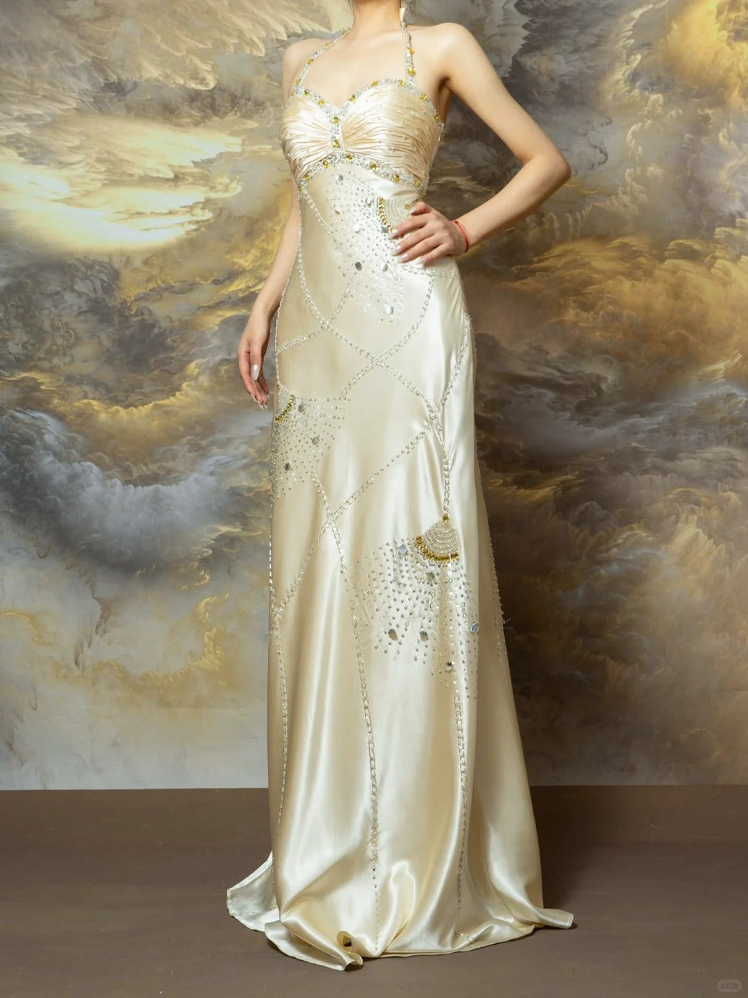 Elegant Light Champagne Sheath Halter Beaded Satin Long Prom Dresses, Vintage Formal Evening Gowns ED03380