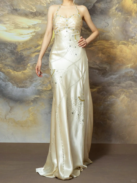 Elegant Light Champagne Sheath Halter Beaded Satin Long Prom Dresses, Vintage Formal Evening Gowns ED03380