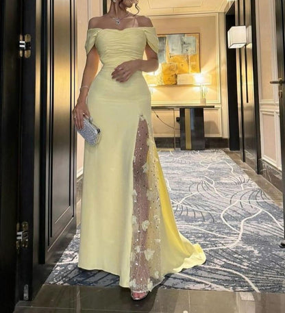 Glamour Butter Yellow Off-shoulder Sheath Chiffon Beaded Long Prom Dresses, Formal Elegant Evening Gowns ED03381