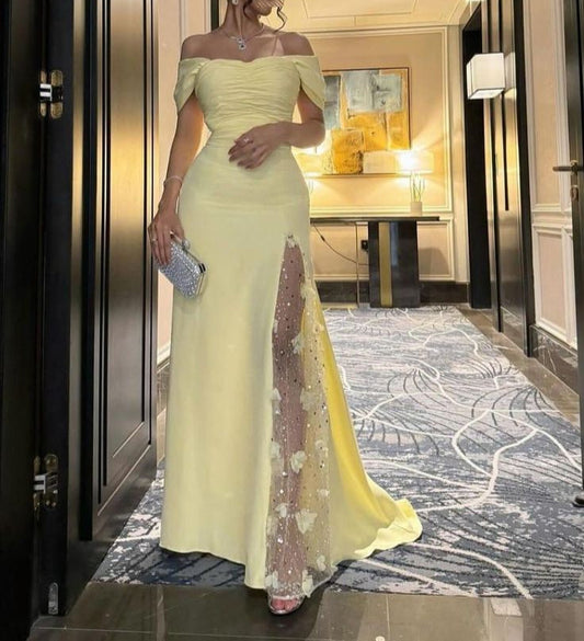 Glamour Butter Yellow Off-shoulder Sheath Chiffon Beaded Long Prom Dresses, Formal Elegant Evening Gowns ED03381