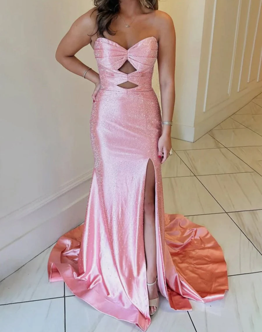 Glamour Strapless Sheath Glitter Satin Long Formal Evening Gowns with Slits ED03383