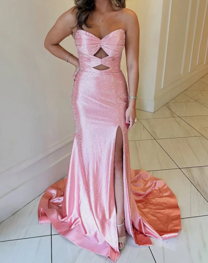 Glamour Strapless Sheath Glitter Satin Long Formal Evening Gowns with Slits ED03383