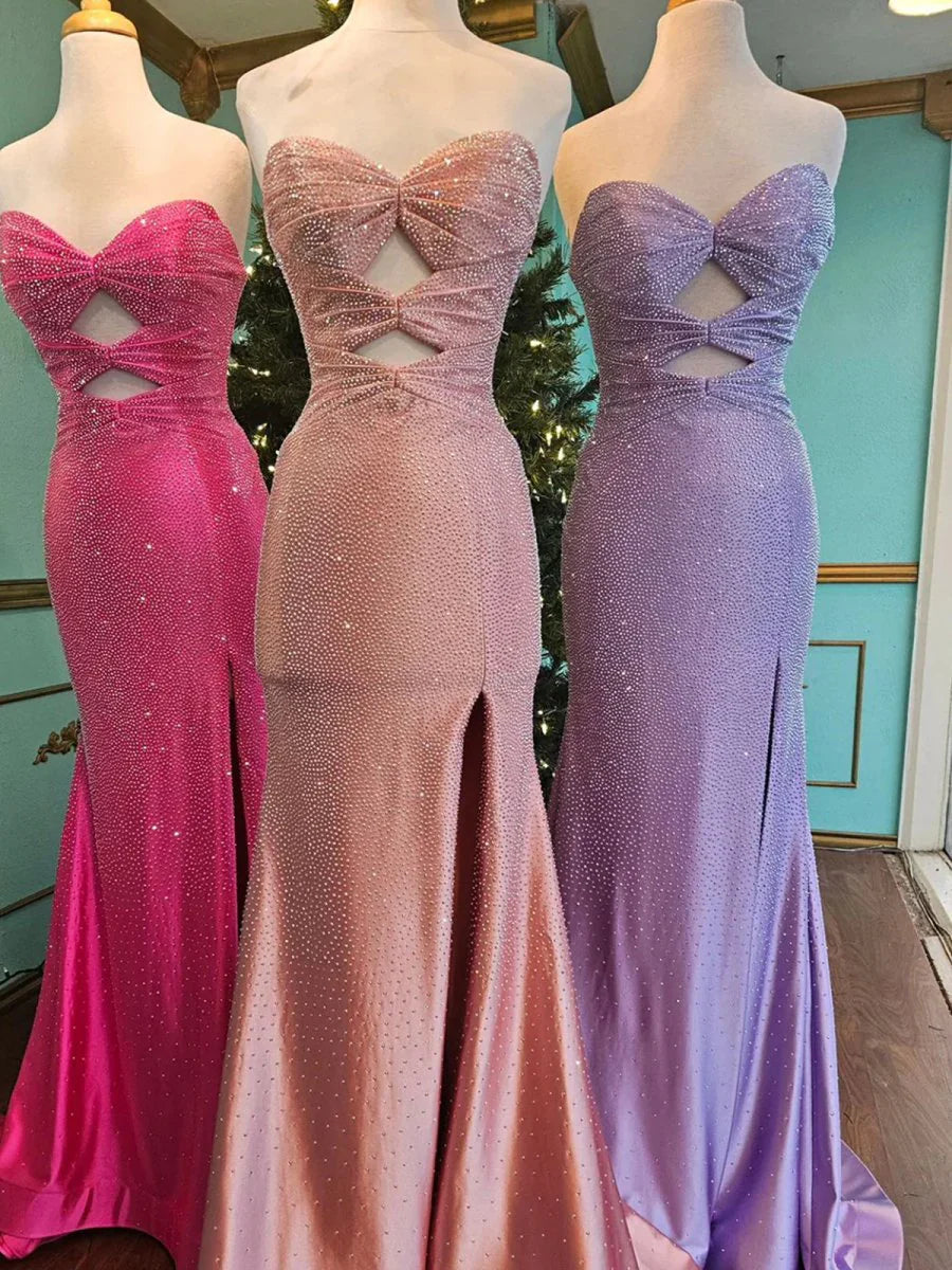 Glamour Strapless Sheath Glitter Satin Long Formal Evening Gowns with Slits ED03383