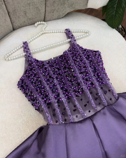 Glamour Purple Spaghetti Strap A-Line Beaded Satin Long Prom Dresses, Sweet Birthday Party Outfit ED03386