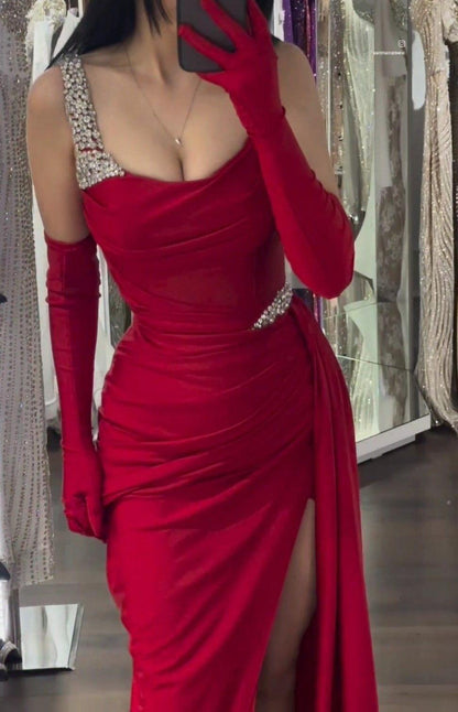 Glamour Burgundy Spaghetti Strap Sheath Satin Long Prom Dresses, Formal Evening Gowns with Slits ED03389