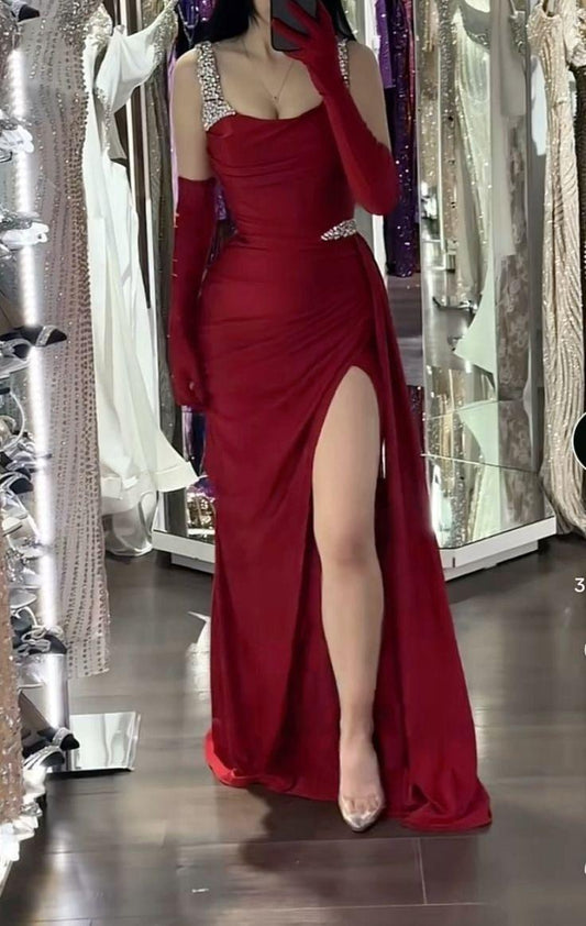 Glamour Burgundy Spaghetti Strap Sheath Satin Long Prom Dresses, Formal Evening Gowns with Slits ED03389