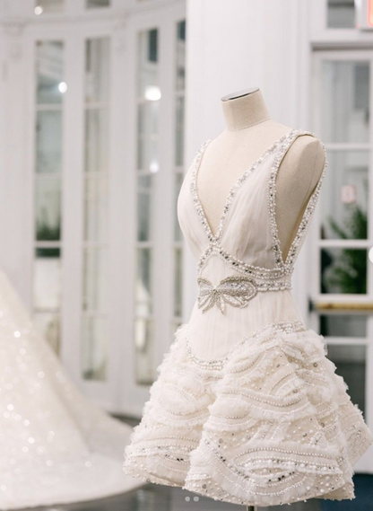 Elegant White V-neck A-Line Beaded Tulle Short Wedding Dress, Sweet Birthday Dress ED03390