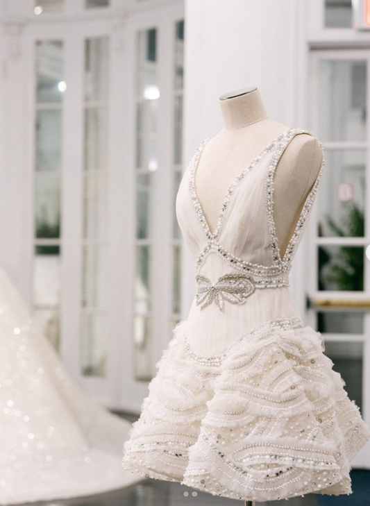 Elegant White V-neck A-Line Beaded Tulle Short Wedding Dress, Sweet Birthday Dress ED03390