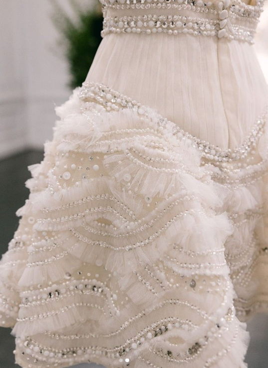 Elegant White V-neck A-Line Beaded Tulle Short Wedding Dress, Sweet Birthday Dress ED03390