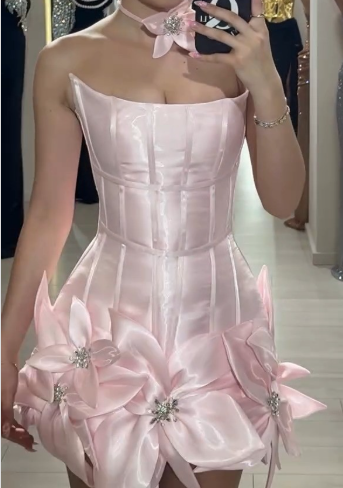 Sweet Light Pink V-neck A-Line Satin Appliques Short Prom Dresses, Stunning Homecoming Dresses ED03391