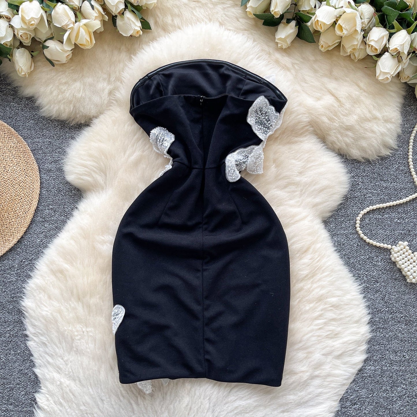 Fashionable Black Strapless Bodycon Beaded Short Outdoor Party Dress Fashion Back to School Outfit ED03393