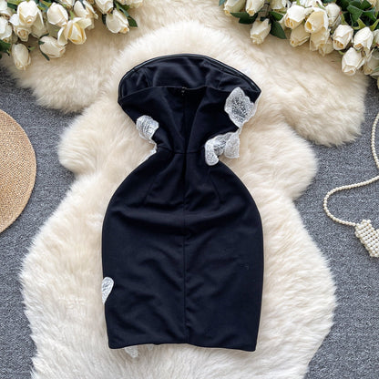 Fashionable Black Strapless Bodycon Beaded Short Outdoor Party Dress Fashion Back to School Outfit ED03393