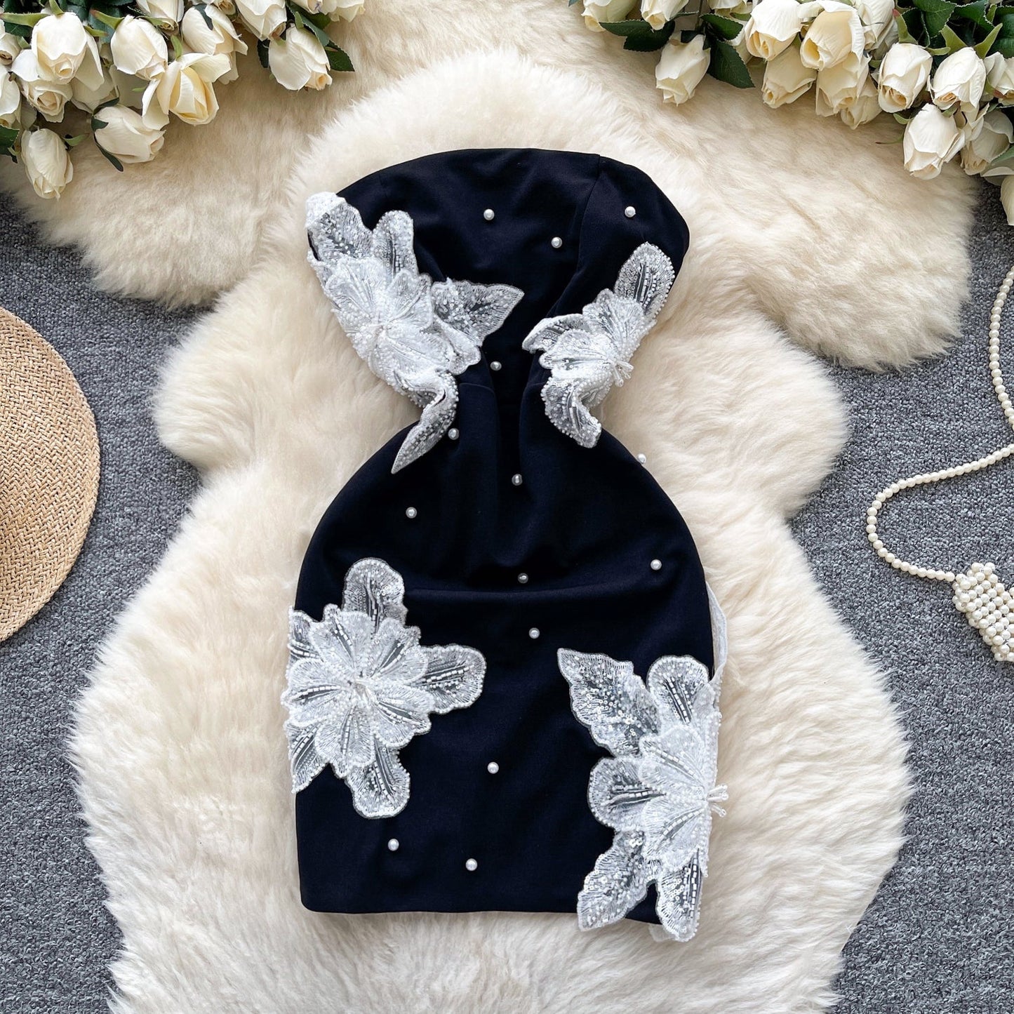 Fashionable Black Strapless Bodycon Beaded Short Outdoor Party Dress Fashion Back to School Outfit ED03393