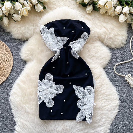 Fashionable Black Strapless Bodycon Beaded Short Outdoor Party Dress Fashion Back to School Outfit ED03393