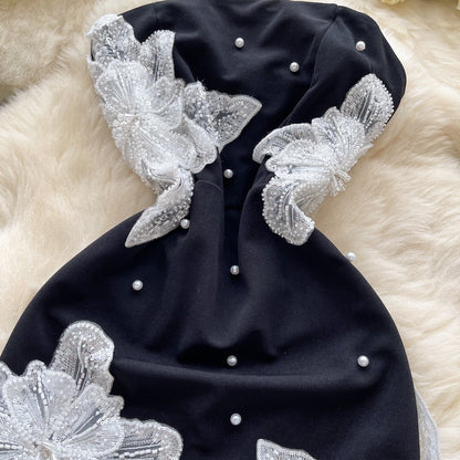 Fashionable Black Strapless Bodycon Beaded Short Outdoor Party Dress Fashion Back to School Outfit ED03393