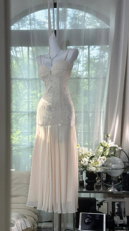 Vintage White Spaghetti Strap Sheath Chiffon Beaded Dress, Elegant Evening Gowns ED03394