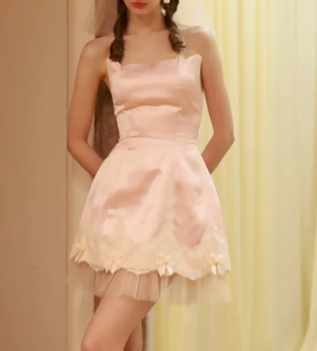 Sweet Pink Strapless A-Line Satin Tulle Short Prom Dresses, Fashionable Homecoming Dress ED03395