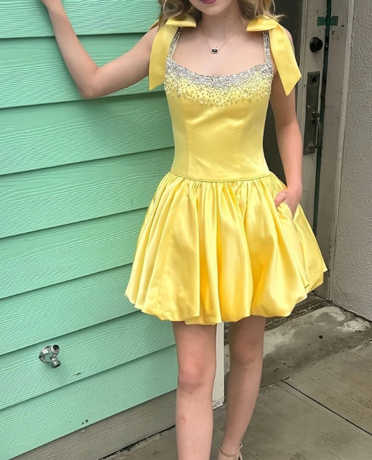 Gorgeous Yellow Straps A-Line Satin Short Party Dresses Homecoming Dress ED03397