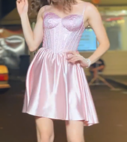 Elegant Rose Pink A-Line Spaghetti Strap Satin Short Prom Dress, Sweet 18 Dress ED03398