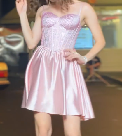 Elegant Rose Pink A-Line Spaghetti Strap Satin Short Prom Dress, Sweet 18 Dress ED03398