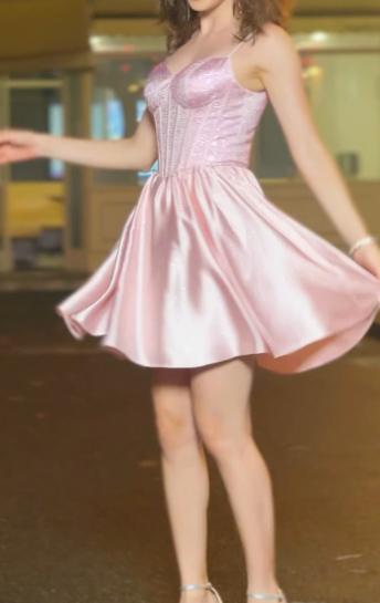 Elegant Rose Pink A-Line Spaghetti Strap Satin Short Prom Dress, Sweet 18 Dress ED03398