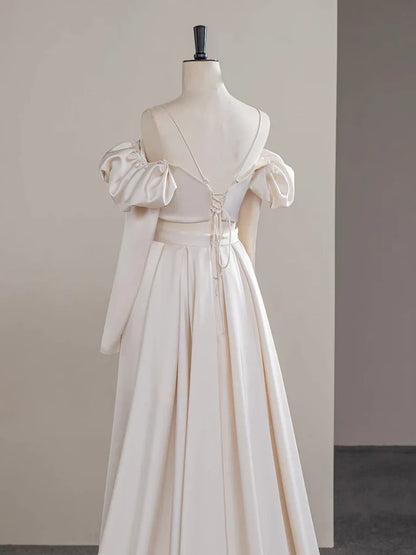 A-Line Two Pieces Satin Champagne Long Prom Dress, Champagne Long Formal Dress ED034