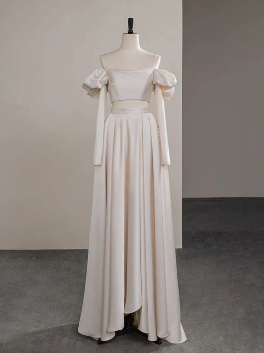 A-Line Two Pieces Satin Champagne Long Prom Dress, Champagne Long Formal Dress ED034