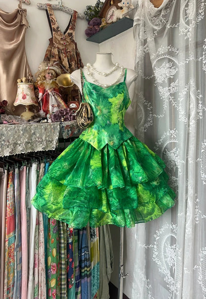 Vintage Green Printed Chiffon Spaghetti Strap Short Ballgowns Birthday Party Dress ED03400