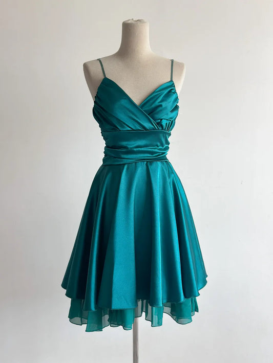 Glamour Turquoise Spaghetti Strap A-Line Satin Short Vintage Prom Dresses Birthday Party Dress ED03402