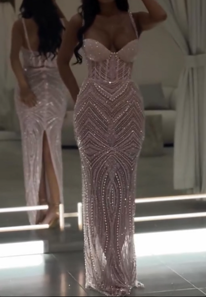 Gorgeous Light Pink Spaghetti Straps Sheath Tulle Beaded Long Evening Gowns Sweet Graduation Dress ED03412