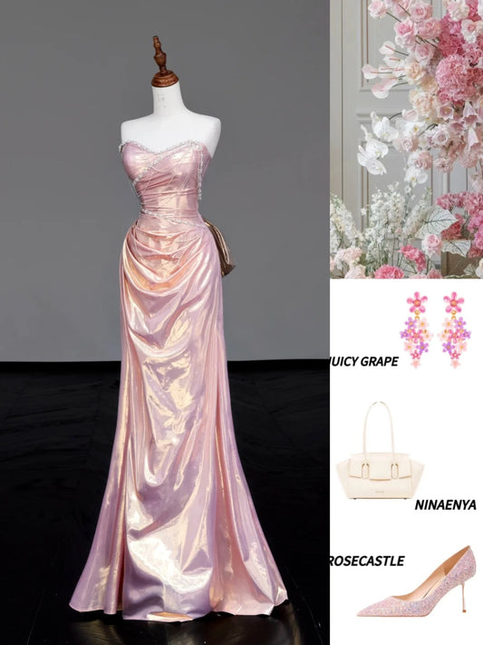 Fairytale Light Pink Sweetheart Mermaid Satin Long Prom Dresses, Formal Evening Gowns ED03414