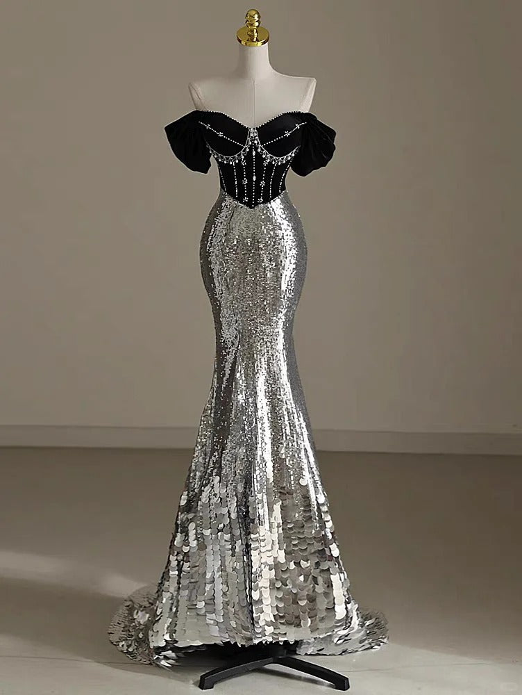 Elegant Silver Mermaid Off Shoulder Evening Gowns Chic Velvet Sequin Long Prom Dresses ED03416