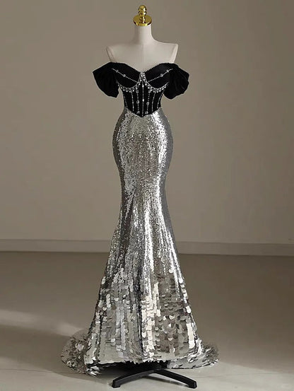 Elegant Silver Mermaid Off Shoulder Evening Gowns Chic Velvet Sequin Long Prom Dresses ED03416