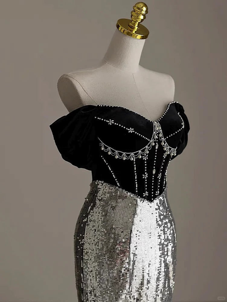 Elegant Silver Mermaid Off Shoulder Evening Gowns Chic Velvet Sequin Long Prom Dresses ED03416