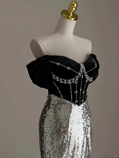 Elegant Silver Mermaid Off Shoulder Evening Gowns Chic Velvet Sequin Long Prom Dresses ED03416