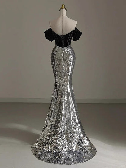 Elegant Silver Mermaid Off Shoulder Evening Gowns Chic Velvet Sequin Long Prom Dresses ED03416