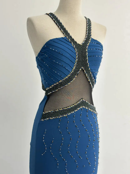 Glamour Blue Mermaid Halter Evening Gowns Vintage Beaded Dress ED03417