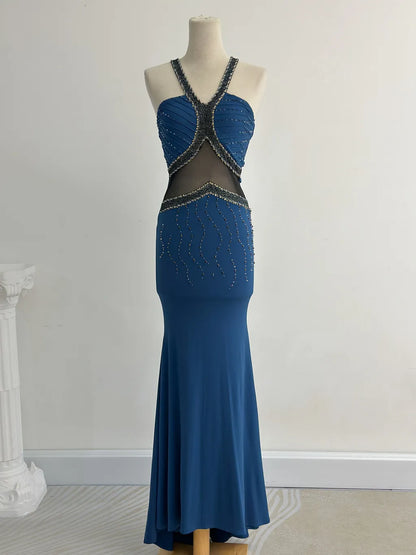Glamour Blue Mermaid Halter Evening Gowns Vintage Beaded Dress ED03417