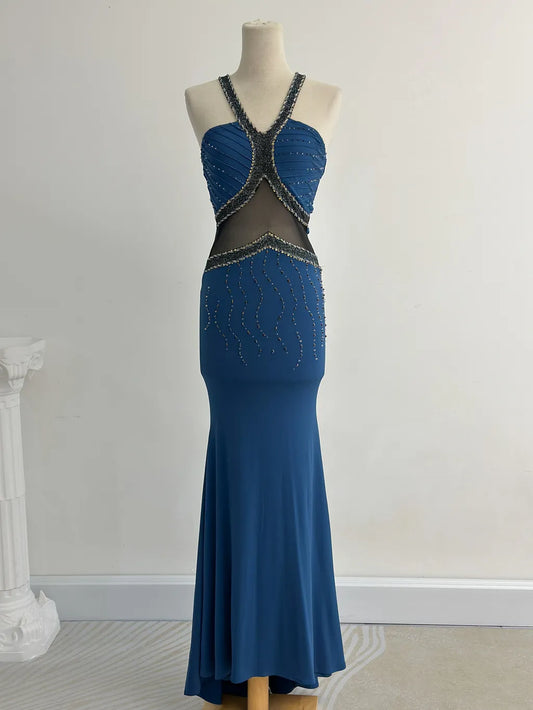 Glamour Blue Mermaid Halter Evening Gowns Vintage Beaded Dress ED03417
