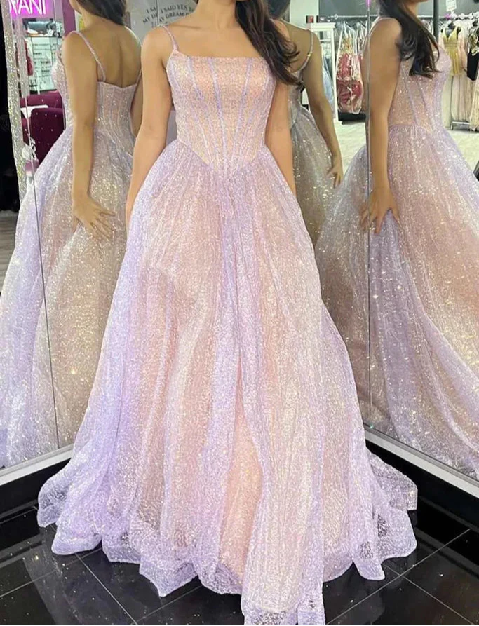 Sweet Lilac A-Line Spaghetti Strap Long Prom Dresses, Glitter Birthday Dress ED03418