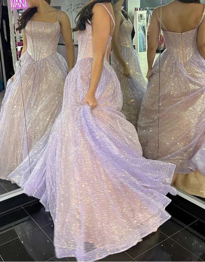 Sweet Lilac A-Line Spaghetti Strap Long Prom Dresses, Glitter Birthday Dress ED03418