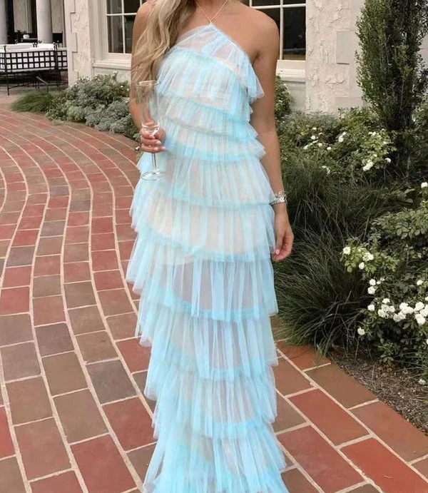 Elegant Sky Blue Sheath Halter Tulle Long Prom Dresses, Fashion Party Dress ED03419