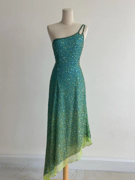 Retro Blue Sheath One Shoulder Beaded Chiffon Birthday Party Dress, Fairytale Prom Dresses ED03421