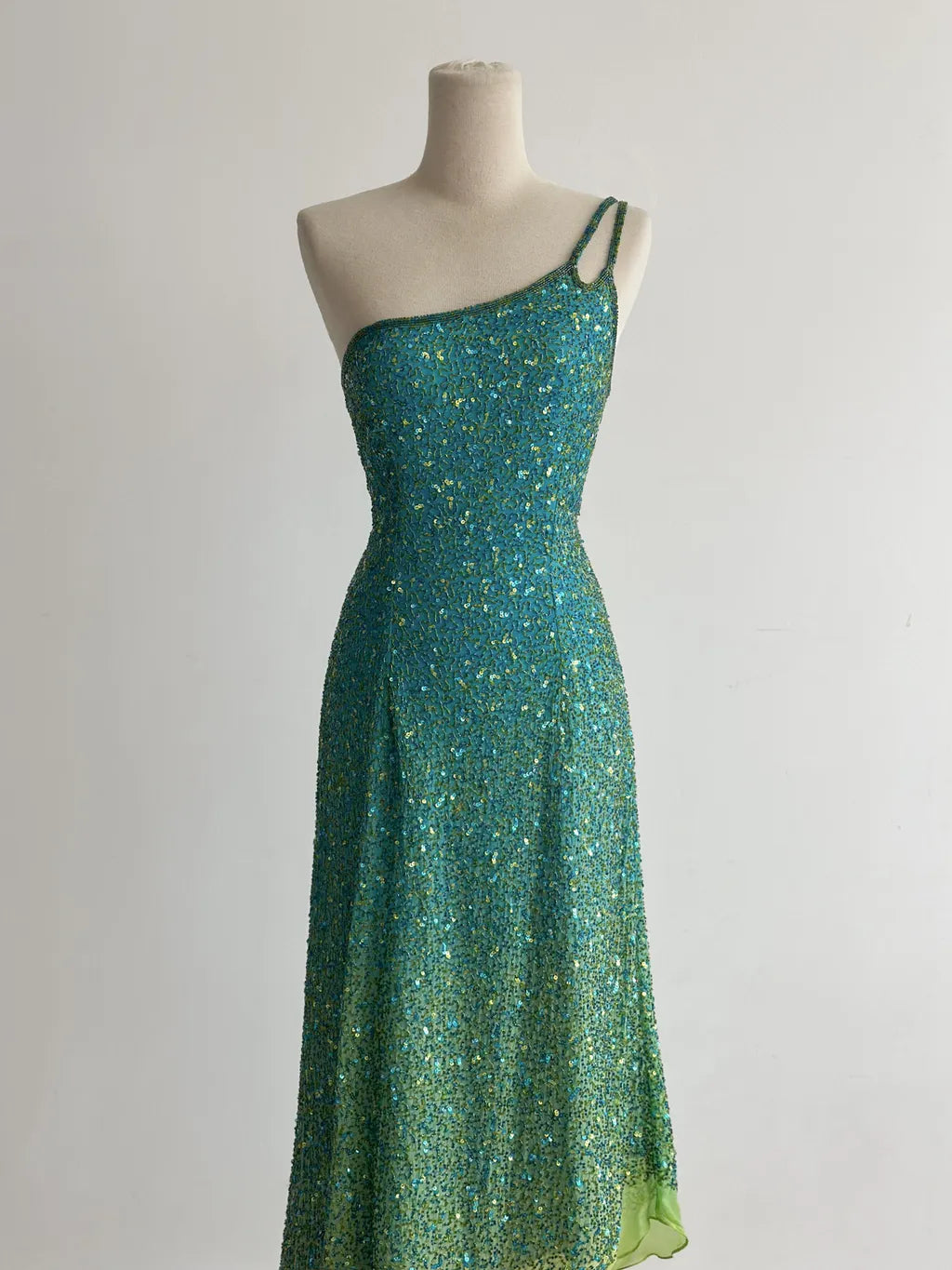 Retro Blue Sheath One Shoulder Beaded Chiffon Birthday Party Dress, Fairytale Prom Dresses ED03421