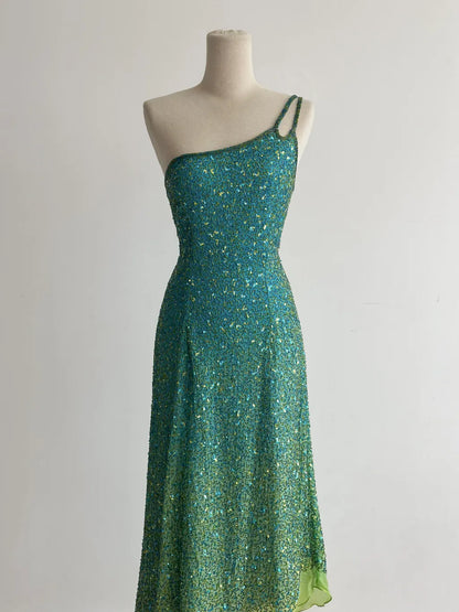 Retro Blue Sheath One Shoulder Beaded Chiffon Birthday Party Dress, Fairytale Prom Dresses ED03421