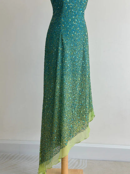 Retro Blue Sheath One Shoulder Beaded Chiffon Birthday Party Dress, Fairytale Prom Dresses ED03421