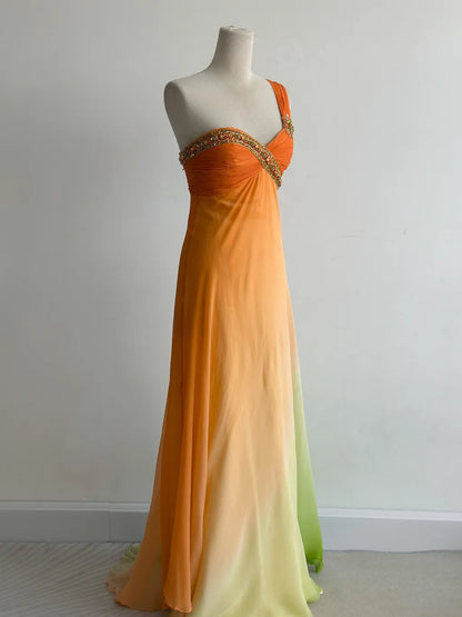 Sweet Gradient Orange One Shoulder Chiffon Empire Dress Beaded Vintage Evening Gowns ED03422