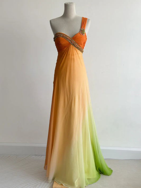 Sweet Gradient Orange One Shoulder Chiffon Empire Dress Beaded Vintage Evening Gowns ED03422