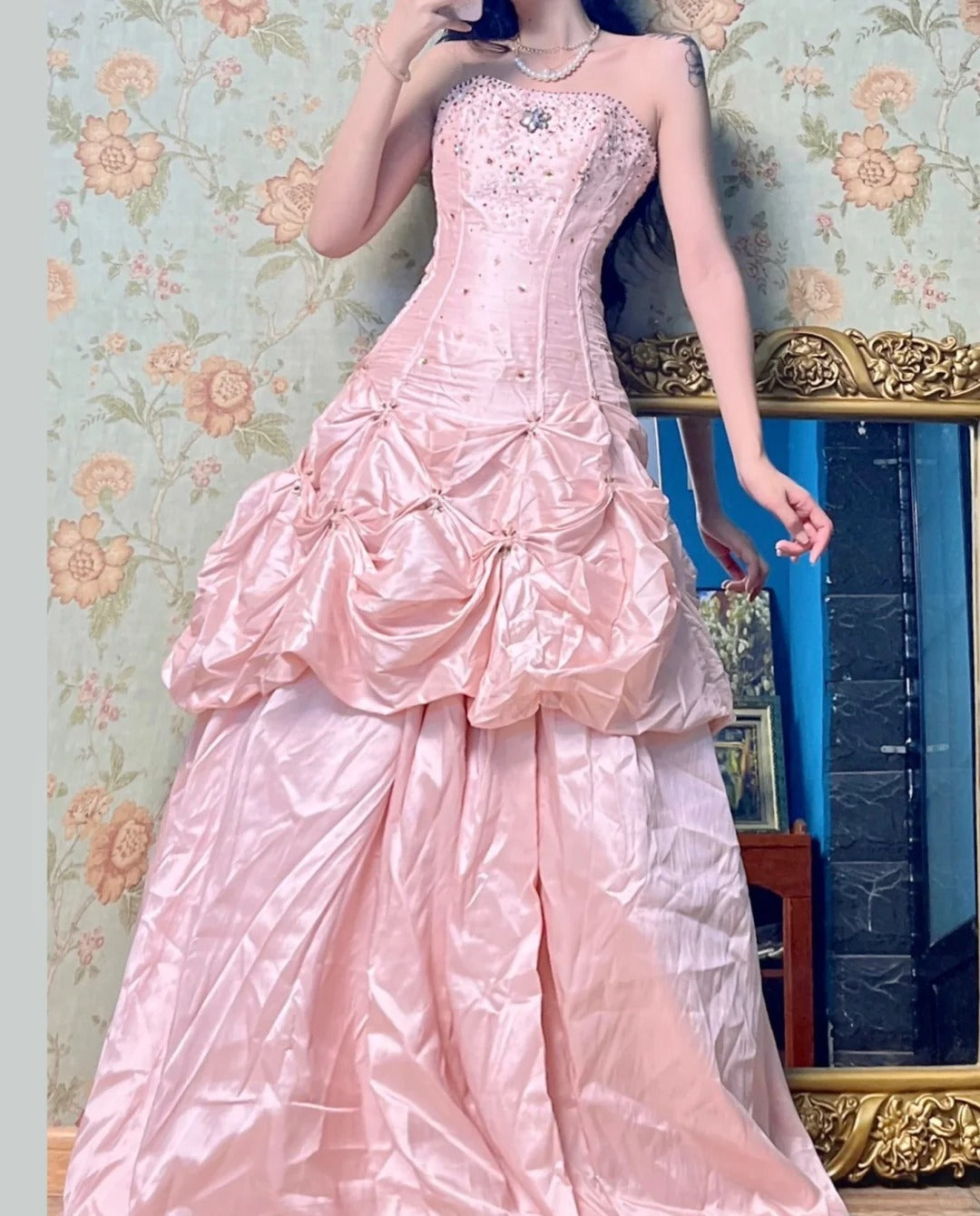 Gorgeous Pink A-Line Strapless Taffeta Beaded Quinceanera Dresses Long Evening Gowns ED03425